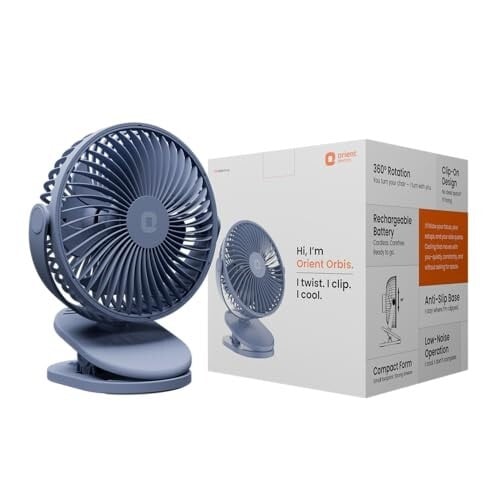 Orient Electric Orbis Rechargeable Personal Fan | 360° Rotation | 1800 mAh Battery | 4 Speed Modes with Timer | Quiet Operation | USB Type-C Charging | Clip-On Mini Fan | Dusk Blue