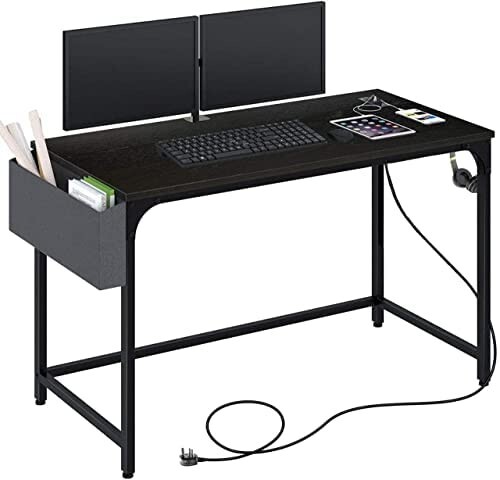 47\' Computer Desk with Power Outlet, Home Office Desktop Table with USB Ports & Socket with Side Storage Bag & Iron Hooks (Black)