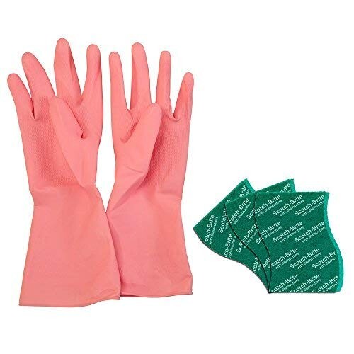 Scotch-Brite Kitchen Gloves medium pair (1 unit) & Scotch-Brite Silver sparks scrub pad for dishwashing (3 units)