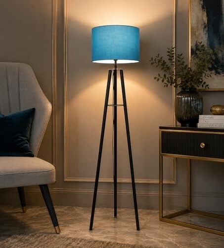 tu casa Foldable Tripod Metal Floor Lamps with Aqua Shade for Home Décor, Bedrooms Corner, Living Room, Gifting, Diwali Decoration, Hall, Office, Study Room (Height: - 50") - Bulb not Included