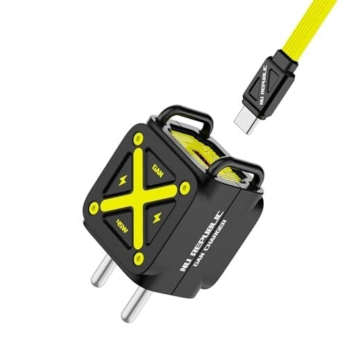 Nu Republic Cybotron Cube 45W GaN Charger, Dual Output Type-C & USB-A, Black/Yellow