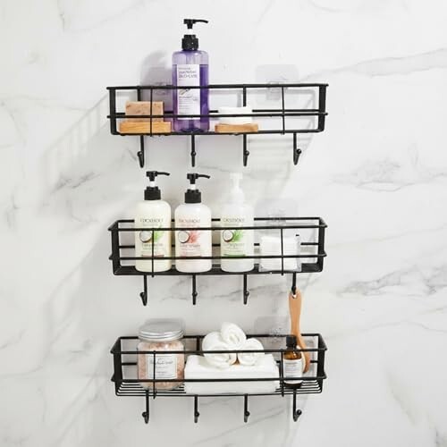 Amazon Basics Self-Adhesive Wall Shelf – No-Drill Multipurpose Bathroom/Kitchen Organizer with Hooks and Towel Holder, Rust Proof GI Steel Organizer | Black, 28.2 x 9.8 x 11.5 cm, Pack of 3