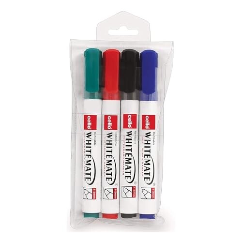 Click to enlarge Cello Whitemate Whiteboard Markers | Set Of 4 Markers | 4 Assorted Ink Colours | Fine Point Marker Pens With Easily Refillable And Erasable Ink | Writes Longer