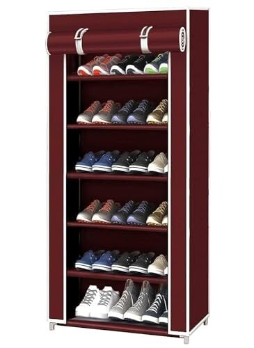 EASY BUY 6 Shelves Shoe Rack Plastic with Zip Door Cover & Side Pockets, (6 Shelves, Plastic) (Maroon)