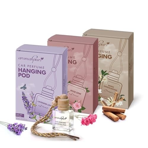 Click to enlarge Aromahpure Car Perfume Hanging Pod - Lavender, Rose, Sandalwood Car Air Freshener combo 10 ML Natural Fragrance Oil in Glass Bottle with Wooden Diffuser Lid |Last upto 30 Days|Pack 3, IFRA certified