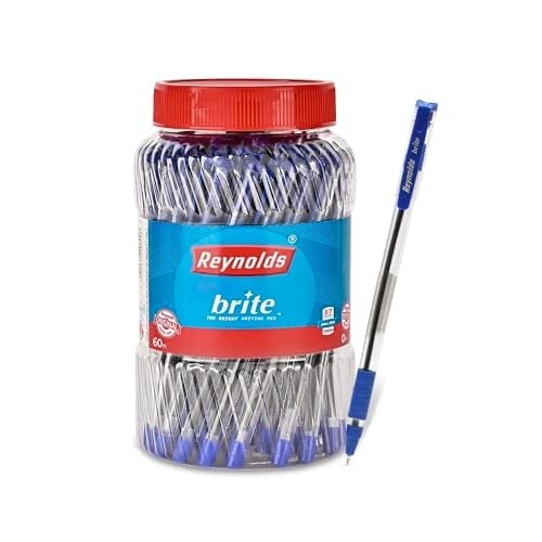 Click to enlarge Reynolds BRITE 60 CT JAR BLUE I Lightweight Ball Pen With Comfortable Grip for Extra Smooth Writing I School and Office Stationery | 0.7mm Tip Size | Pen for BTS