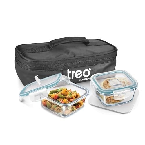 Treo By Milton All Weather Borosilicate Glass Square Set of 2,320 ml Each,Tiffin,Water Proof Carry Jacket,Microwave & Oven Safe,Leak Proof,Air Vent Lid,Scratch Resistant,Ideal for Office,Sch...