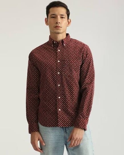 Click to enlarge GANT Men's Red Geometric Print Regular Fit Button-Down Cotton Shirt
