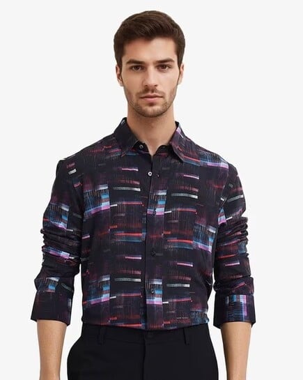 Men's Solid & Striped Long Sleeve Regular Fit Button-Front Shirt