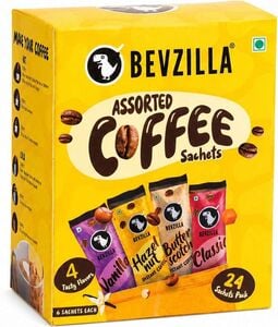 Bevzilla 24 Sachets Pack (4 Tasty Flavors) (6 Sachets Each) Assorted Instant Coffee