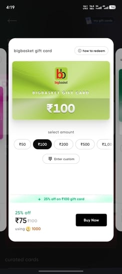 Big basket gift card @25% off (user specific might)