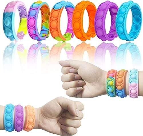 VGRASSP Pop It Fidget Sensory Toys, Stress Relief Silicone Pressure Relieving, Squeeze Novelty Return Gift, Friendship Band Children and Adults - Color As Per Stock (Hand Band - Pack of 6)