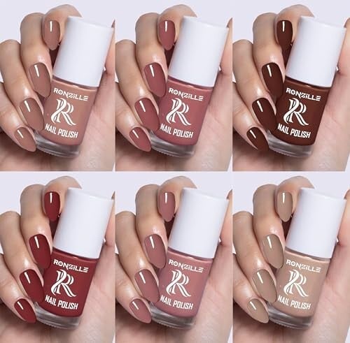 Ronzille Nude Nail Polish Combo Pack of 6 | Long Lasting Quick Dry Nail Paint Set | Glossy Brown, Pink, Beige & Red Shades for Women