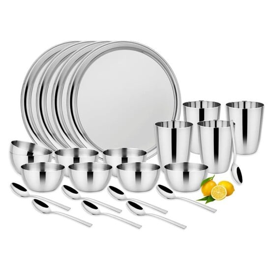 Steelcraft Premium Stainless Steel Clay Dinner Set-24 Pcs, High Grade Quality-with Silver Touch Finish, Kitchen Set for Home, Made in India, Steel Colour