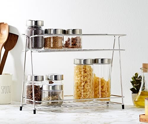 Amazon Brand - Solimo Two-Tier Countertop Kitchen Rack, Stainless Steel (36 Cm X 29 Cm X 16 Cm)