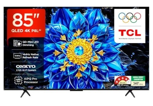 Click to enlarge TCL 215 cm (85 inches) 4K UHD Smart QLED Google TV | QD-MiniLED Dimming | 144Hz Refresh Rate | 3GB RAM | 46W Onkyo 2.1ch Speakers | 85P8L