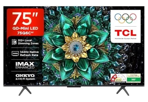 TCL 189 cm (75 Inches) Smartchoice 4K UHD Smart QD-Mini LED Google TV | 144Hz Refresh Rate | 3GB RAM | 46W Onkyo 2.1 | Upto 512+ Zones | IMAX Enhanced | 75Q6C