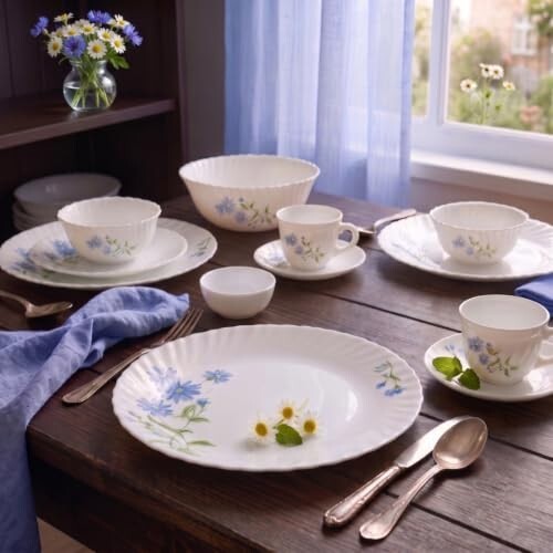 La Opala Classique Opalware Dinner Set, 53 Pcs for Family of 8, Blue Daisy