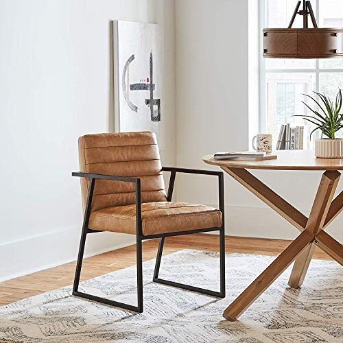 Click to enlarge APRODZ Mid Century Modern Dining Chair with Arms Faux Leather Upholstered Dining Table Chair with Metal Frame Kitchen Armchair Premium Look for Dining Room Living Room (Brown & Black)