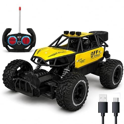 Yellow RC Car Rock Crawler Remote Control Car with LED Headlight, Rechargeable Battery High Speed Off Road RC Car, Monster Truck Toy Car for Kids & Boys 7-14 Years | Remote Control Car Toy Gift