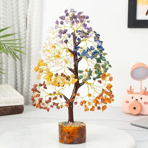 HindCraft Seven Chakra Crystal Tree for Good Luck & Positive Energy | Multicolor Golden Wire Bonsai Money Tree with Crystals & Gemstones | Perfect Home Décor & Gift Item