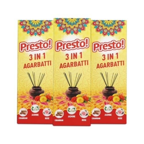 Click to enlarge Amazon Brand - Presto! 3 in 1 Agarbatti Pack of 3 | Chandan, Rose & Jasmine Fragrance | Long Lasting Incense Sticks | Low Smoke & Ash | For Pooja, Meditation & Home Fragrance | 678 g