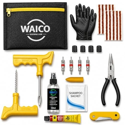 Click to enlarge WAICO 13 in 1 Tubeless Tyre Puncture Kit | Reamer, Probe,10-Rubber Strips, Gloves, Plier, Knife, Sloution, Chalk, Spray Bottle, Storage Bag, | Emergency Flat Tire Repair Tools for Car, Bike, & SUVs