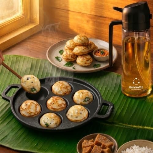 HomeWiz Cast Iron Appe Pan 7 Cavity 18 cm | Free Oil Dispenser 500ml