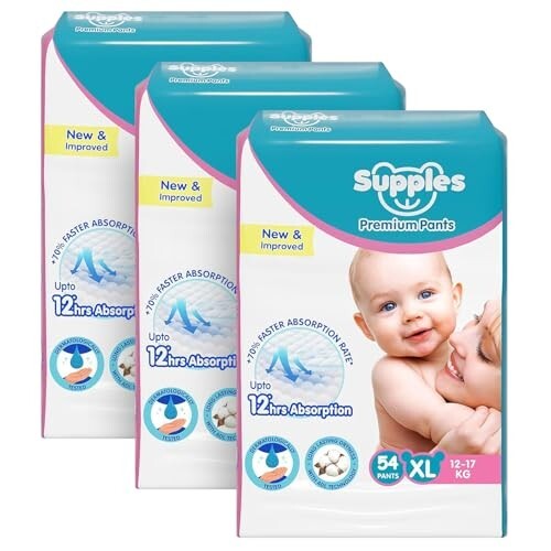 Click to enlarge Amazon Brand - Supples Premium Baby Diaper Pants | 162 Baby Diapers | XL | 12-17