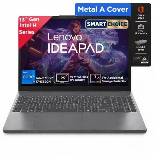 Click to enlarge Lenovo IdeaPad Slim 3 Smartchoice 13th Gen Intel Core i7-13620H 15.3 inch (38.8cm) WUXGA IPS Laptop (16GB RAM/512GB SSD/Windows 11/Office 24/Metal A Cover/Backlit Keyboard/Luna Grey/1.6Kg), 83K101JGIN