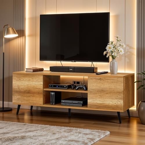 ABOUT SPACE TV Unit - Engineered Wooden TV Stand Table with Bottom Open Storage, Adjustable Shelves & 2 Closed Cabinets for Set Top Box WiFi Router Stand (CM Oak - L 136 x B 40.5 x H 53 cm)
