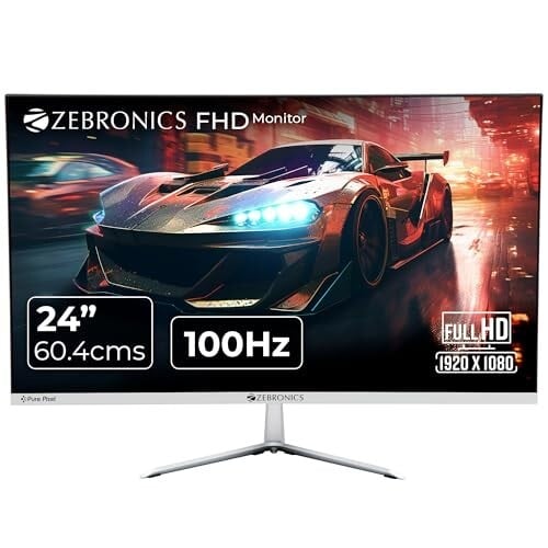 Click to enlarge ZEBRONICS A24FHD LED Monitor, 24 inch (60.96cm), 250 nits, 100Hz, Slim Design, FHD, 1080p, Wall Mountable, HDMI, VGA, Ultra Slim Bezel, Metal Stand, Built-in Speakers