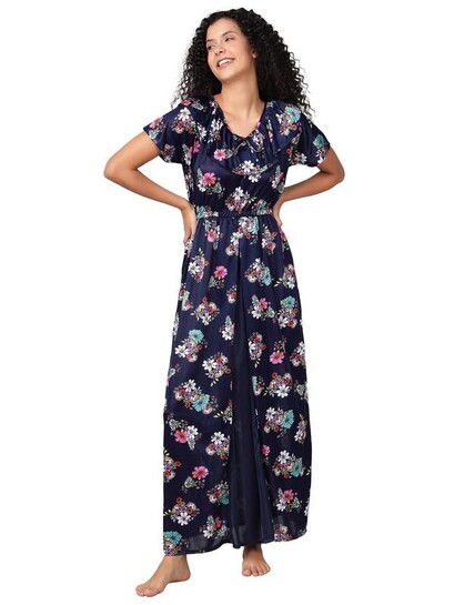 Clovia Women's Satin Printed Long Nighty in Navy Blue