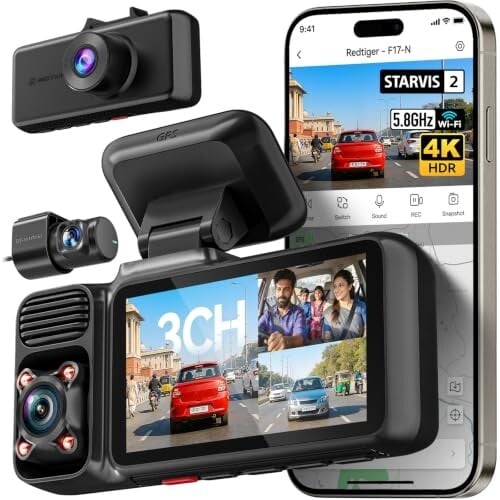 REDTIGER F17 2026 Edition 4K 3 Channel Dash Cam, Upgraded STARVIS 2 IMX675 Sensor, 4K Front+1080P Cabin+1080P Rear, 5.8G WiFi GPS, IR Night View, WDR, 512GB Max (Card Not Included