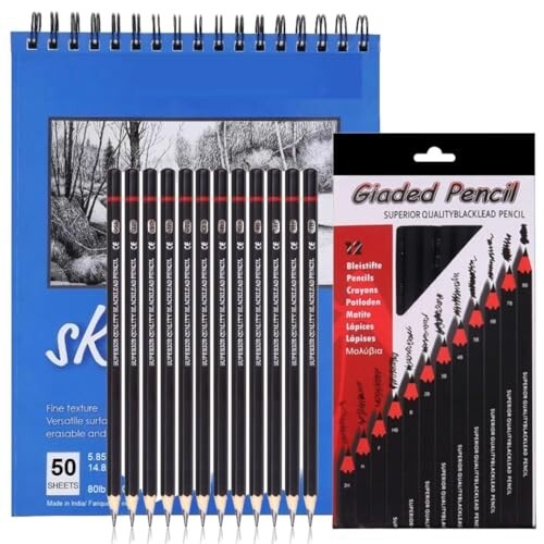 Corslet Set of 13 Drawing Kit 12 pc Drawing Pencils Set Sketch Pencil Shading Sketching Kit Graphite Artist Stationary Material for Adults Professional Artist Kit & 50 Sheets 100 Pages A5 Sketch Book