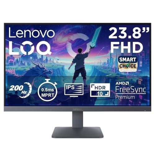 Lenovo LOQ 24-10 (Smartchoice) | 23.8\' (60.45cm) FHD (1920x1080) IPS 200Hz Gaming Monitor | 0.5ms, HDR10 Compliance, AMD FreeSync, 99% sRGB, 2xHDMI 2.1 TMDS, 1xDP 1.4| Tilt | Lunar Grey | 6...
