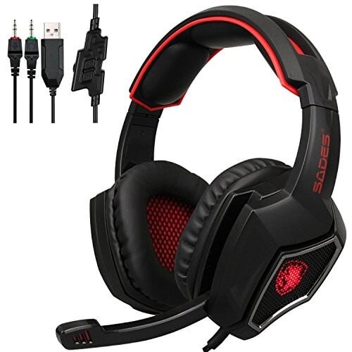 BigPlayer SADES Spirit Wolf 3.5mm Wired Stereo Gaming Headset Headband Headphones with Microphone Deep Bass Over-The-Ear Noise Isolating Volume Control LED Lights for PC Gamers (Black Red),....