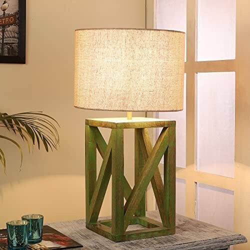 tu casa Handcrafted Mango Wood Table Lamp with Pleated Off-White Cotton Fabric Shade | Elegant Bedside Night Lamp for Bedroom & Living Room