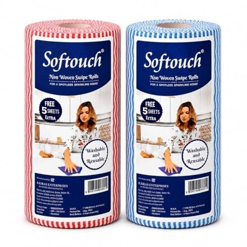 Softouch Non Woven Kitchen Towel Roll Pack of 2, 85 Wipes Per Roll – Reusable Cleaning Cloth Kitchen Cleaning Wipes for Countertop, Utensils, Oil, Spills, Home & Kitchen Cleaning