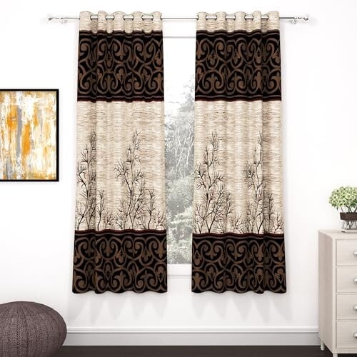Abstract Pattern 5 Feet Eyelet Window Curtains Set in Cream & Brown