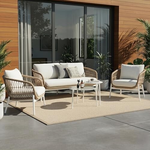 Click to enlarge LOCCUS Outdoor 4-Seater Rope Sofa Set with All-Weather Water-Resistant Cushions & Glass Top Round Coffee Table – Patio Conversation Furniture for Garden, Balcony & Poolside (Beige & Off-White)