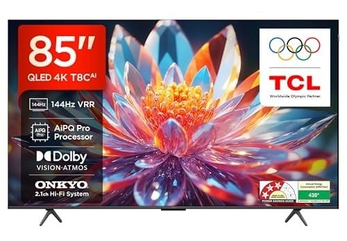 [Coupon + SBI CC EMI] TCL 215 cm (85 inches) 4K Ultra HD Smart QLED Google TV | 120Hz Refresh Rate | 3GB RAM | 40W Onkyo 2.1ch Speakers | Dolby Vision & Atmos | 85T8C