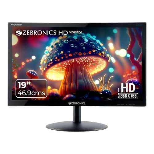 ZEBRONICS Zeb-V19Hd 18.5 Inch (46.99 Cm) Led Monitor with Supporting Hdmi, Vga Input, Hd 1366 X 768 Pixels, 16.7M Colors, Glossy Panel, Slim Design & Wall Mountable, Black