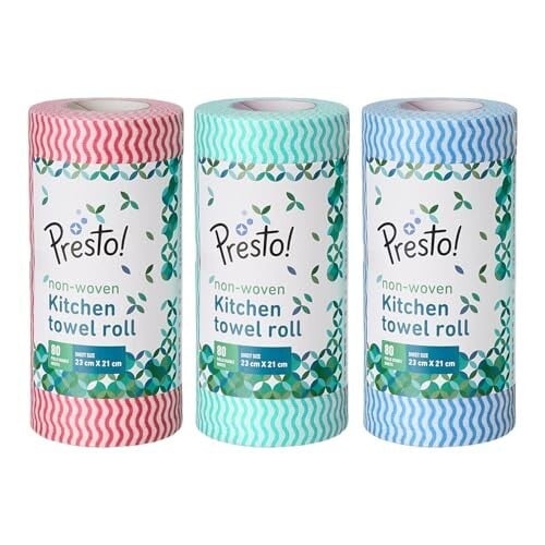 Click to enlarge Amazon Brand - Presto! Non-Woven Kitchen Towel Roll | 80 Pulls (Pack of 3) | Size: 23 x 21 cm | Wavy Pattern (Red, Blue & Green) | Washable and Reusable | Highly Absorbent | For Daily Use