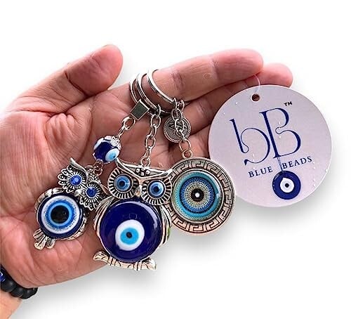 BLUE BEADS Anti-Rust Metal Evil Eye Key Ring Set for Vehicles & Home Keys