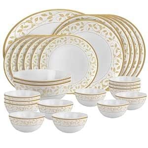 Cello Opalware Divine Series Amber Gold Dinner Set, 27 Units | Opal Glass Dinner Set for 6 | Crockery Set for Festive Ocassions, Parties | White Plate and Bowl Set,Floral
