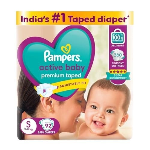 Pampers Active Baby Taped Diapers, Small size diapers, (S) 92 count, taped style custom fit