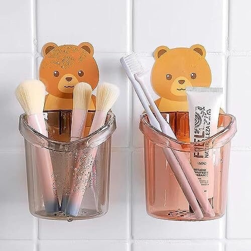 Xmart India Toothbrush Holders for Bathroom Waterproof Self Adhesive Wall Mount for All Types Tooth Brush, Toothpaste, Face-Cream, Lotion,Comb Teddy Bear Shaped with Water Drain Hole(2 Pcs)
