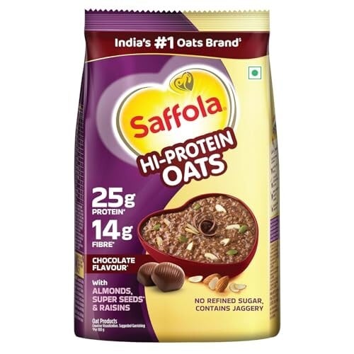 Saffola Chocolate Rolled Oats 400g | 25g High Protein & 14g Fibre Oats with Superseeds & Dry Fruits | Healthy Breakfast for Weight Loss