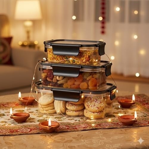 PEARLPET Luxeseal Airtight Food Storage Containers | 3-Piece Rectangular Jar Set | 400ml, 900ml, 1600ml | BPA-Free PET, Stackable, Festive Gift Set, Black